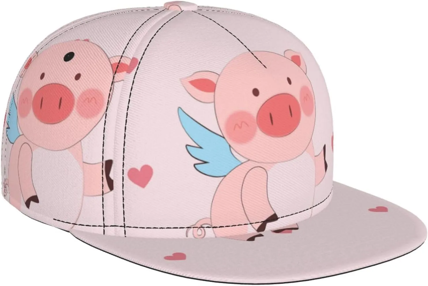 Cartoon Flying Pig Outdoor Sports Baseball Cap, Daily Sports Adjustable Fashionable Flat Brim hat, Unisex Four-Season Outdoor Sports Cap, Black