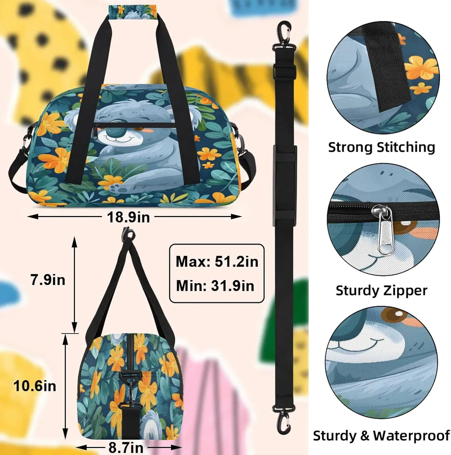 Cartoon Koala Small Gym Bag 18 inch Carry On Duffel Bag for Weekender Travel Sports Workout Yoga Gymnastics Dance Ballet