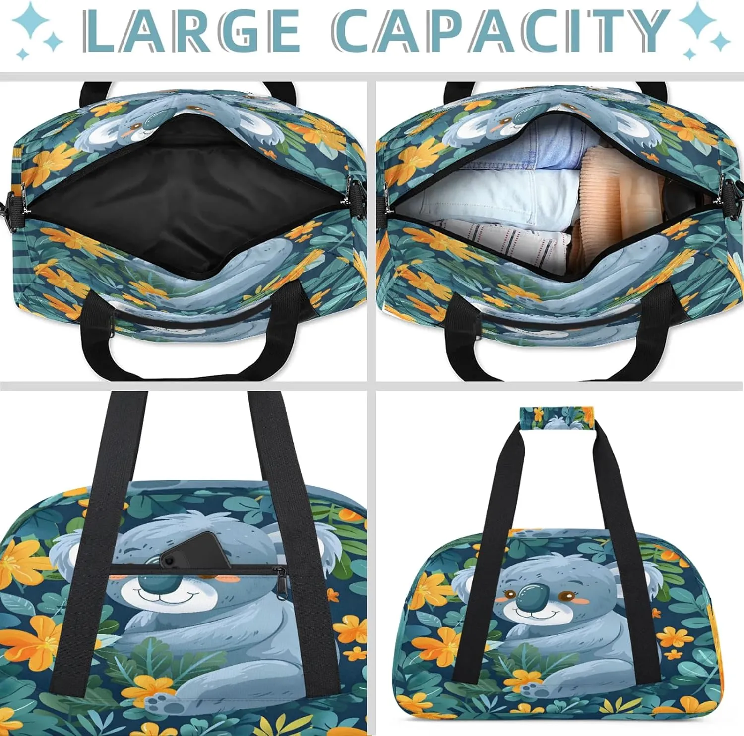 Cartoon Koala Small Gym Bag 18 inch Carry On Duffel Bag for Weekender Travel Sports Workout Yoga Gymnastics Dance Ballet