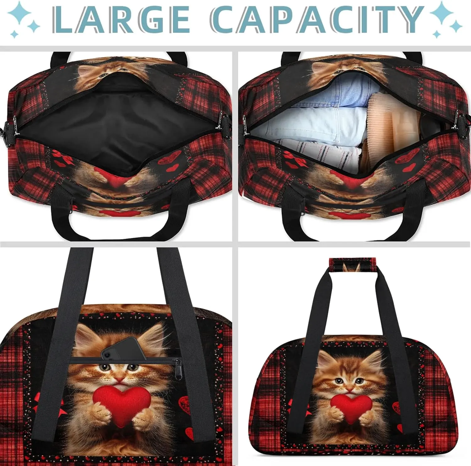 Cat Heart Small Gym Bag 18 inch Carry On Duffel Bag for Weekender Travel Sports Workout Yoga Gymnastics Dance Ballet