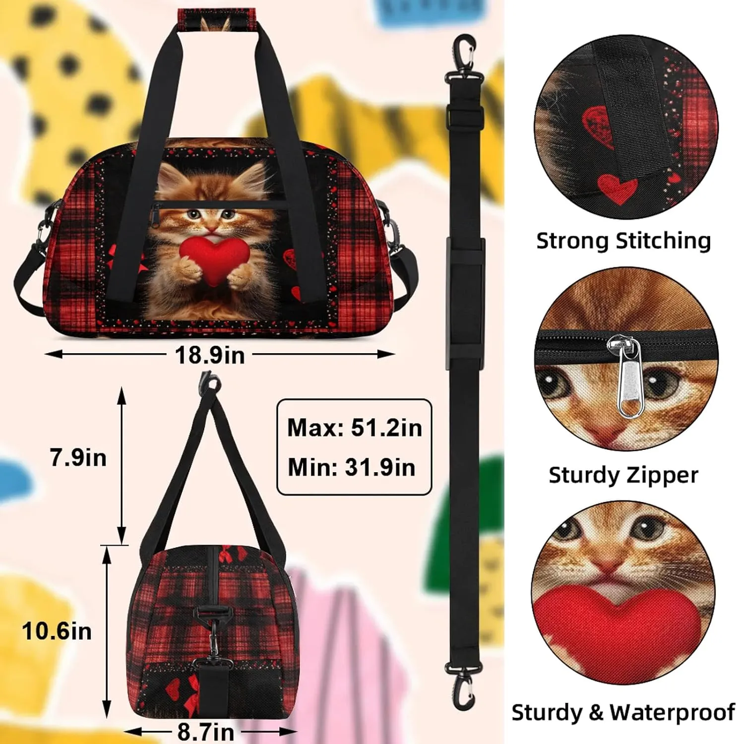 Cat Heart Small Gym Bag 18 inch Carry On Duffel Bag for Weekender Travel Sports Workout Yoga Gymnastics Dance Ballet