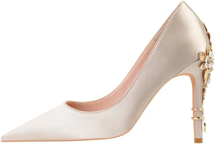 ChaiRong Zhou Women's Sexy High Heels Fashion Metal Flower Stiletto Heel Wedding Shoes Satin Pointed Toe Dress Evening Pumps