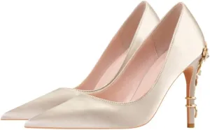 ChaiRong Zhou Women's Sexy High Heels Fashion Metal Flower Stiletto Heel Wedding Shoes Satin Pointed Toe Dress Evening Pumps