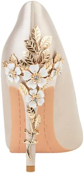 ChaiRong Zhou Women's Sexy High Heels Fashion Metal Flower Stiletto Heel Wedding Shoes Satin Pointed Toe Dress Evening Pumps