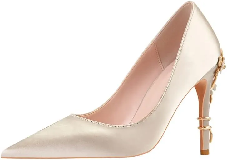 ChaiRong Zhou Women's Sexy High Heels Fashion Metal Flower Stiletto Heel Wedding Shoes Satin Pointed Toe Dress Evening Pumps