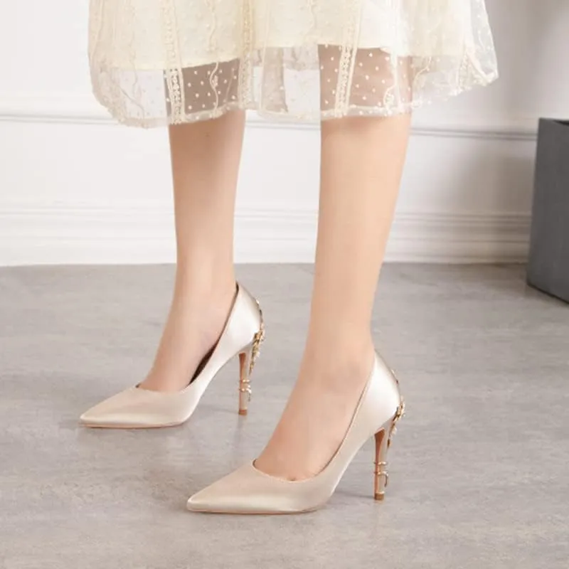 ChaiRong Zhou Women's Sexy High Heels Fashion Metal Flower Stiletto Heel Wedding Shoes Satin Pointed Toe Dress Evening Pumps