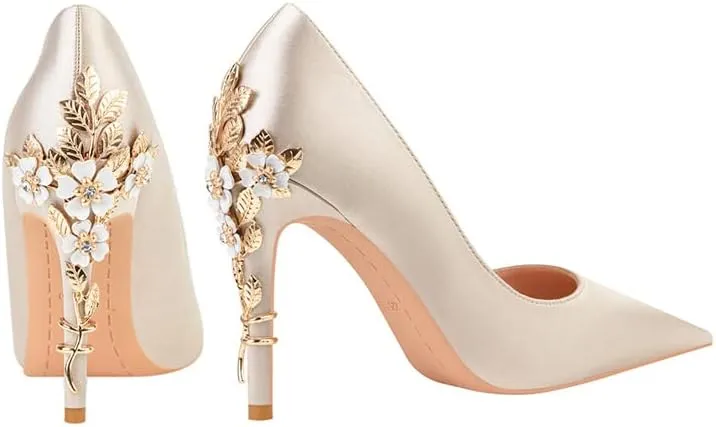 ChaiRong Zhou Women's Sexy High Heels Fashion Metal Flower Stiletto Heel Wedding Shoes Satin Pointed Toe Dress Evening Pumps