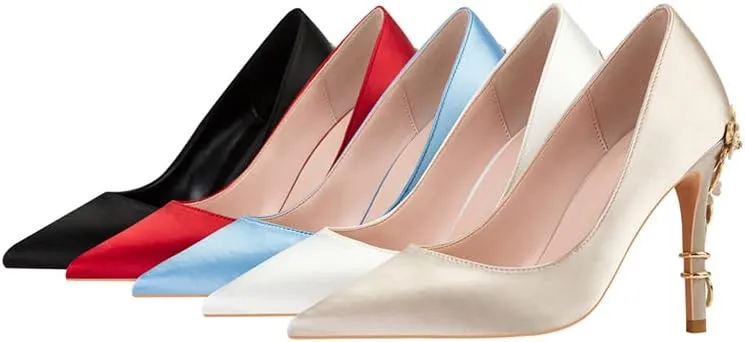 ChaiRong Zhou Women's Sexy High Heels Fashion Metal Flower Stiletto Heel Wedding Shoes Satin Pointed Toe Dress Evening Pumps