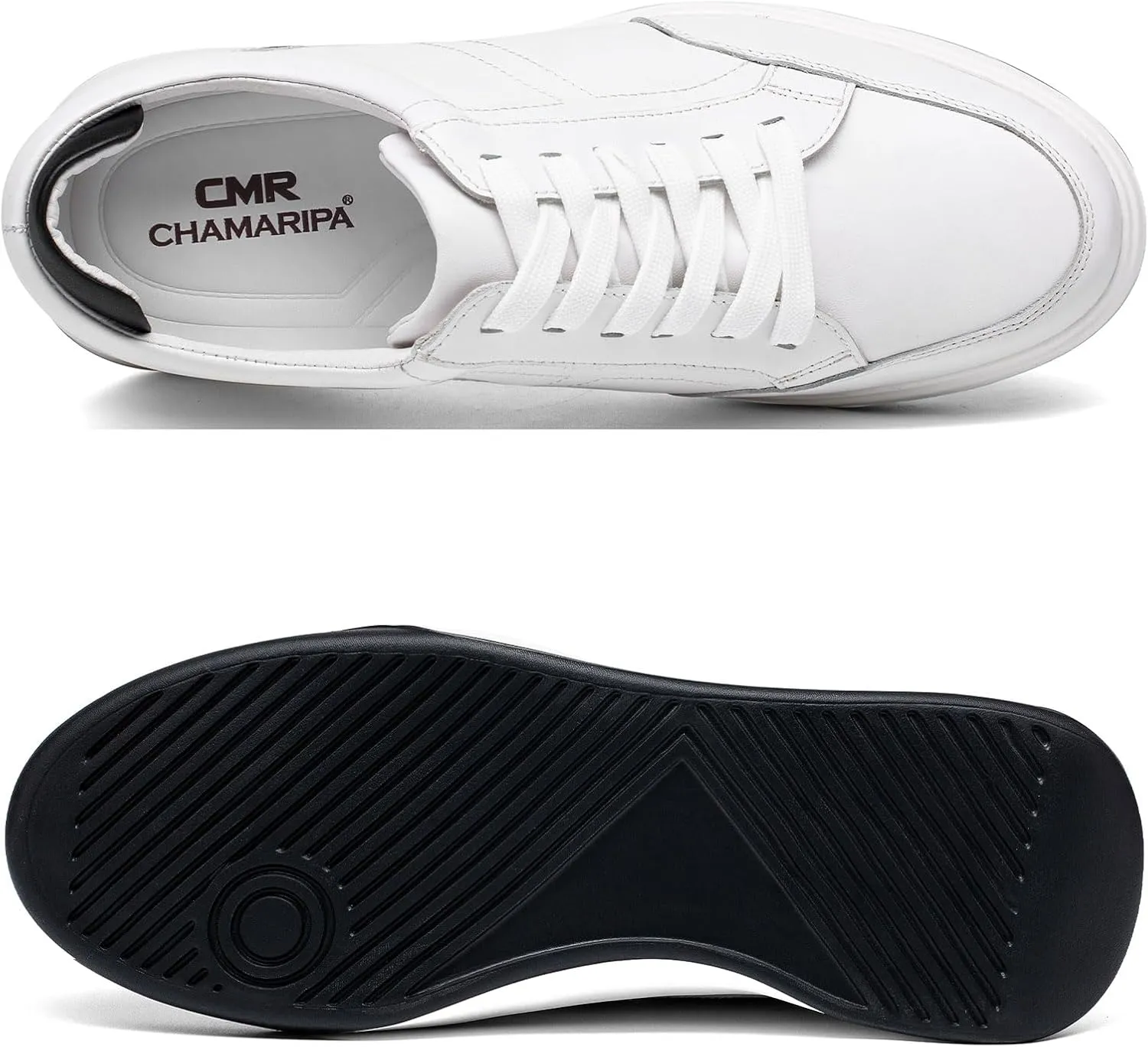 CHAMARIPA Hidden Heel Premium Leather Height Increase Low-Top Skate Shoes Men's Invisible Height Increasing Elevator Casual Fashion Sneaker