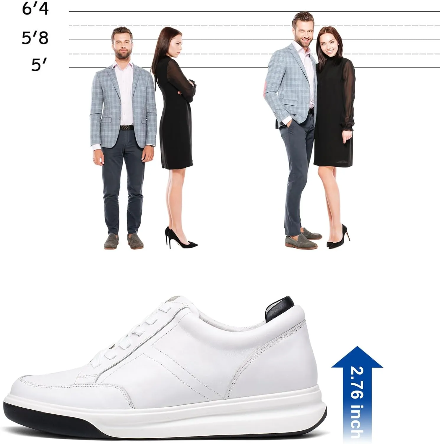 CHAMARIPA Hidden Heel Premium Leather Height Increase Low-Top Skate Shoes Men's Invisible Height Increasing Elevator Casual Fashion Sneaker