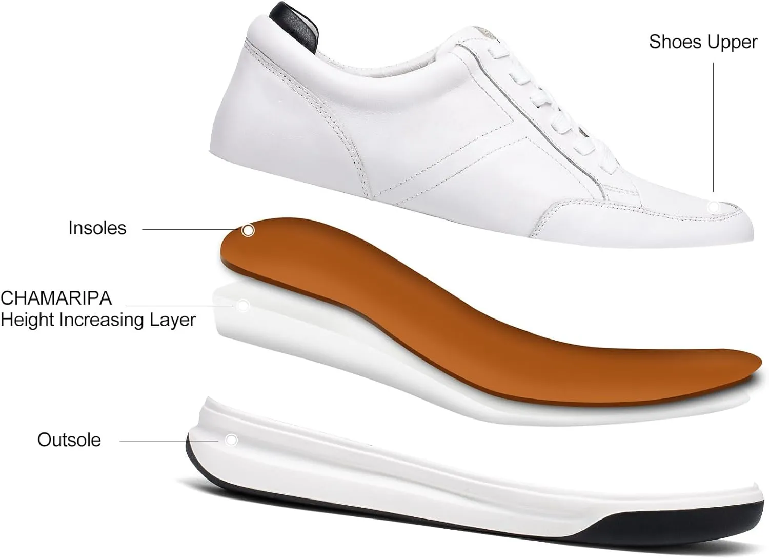 CHAMARIPA Hidden Heel Premium Leather Height Increase Low-Top Skate Shoes Men's Invisible Height Increasing Elevator Casual Fashion Sneaker