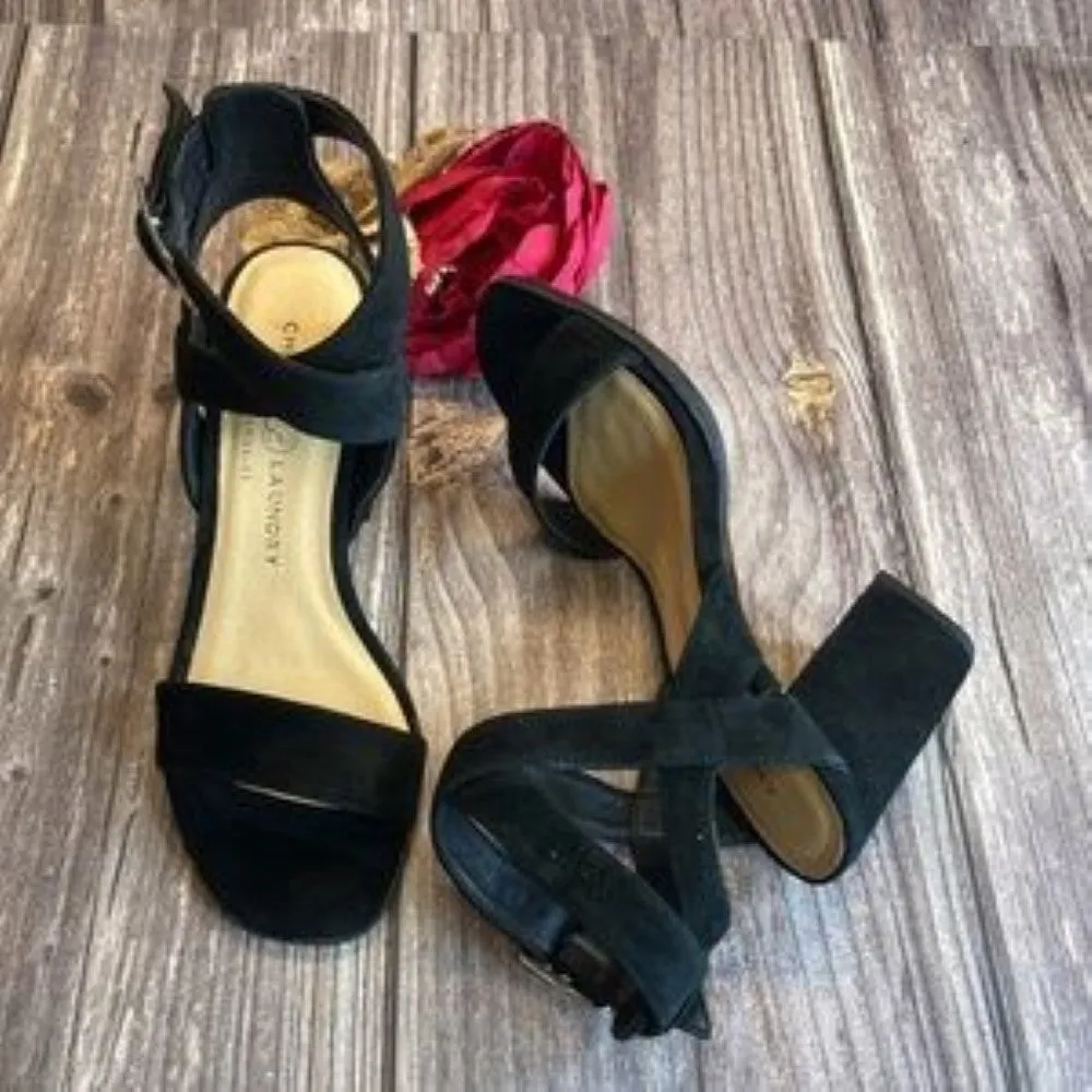 CHINESE LAUNDRY Sitara Black Kid Suede Ankle Strap Sandal 6.5M