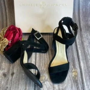 CHINESE LAUNDRY Sitara Black Kid Suede Ankle Strap Sandal 6.5M