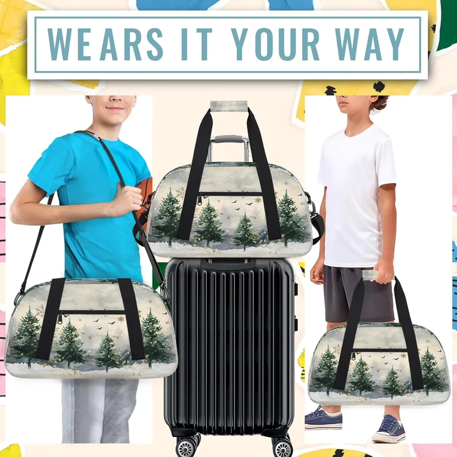 Christmas Tree Forest Small Gym Bag 18 inch Carry On Duffel Bag for Weekender Travel Sports Workout Yoga Gymnastics Dance Ballet