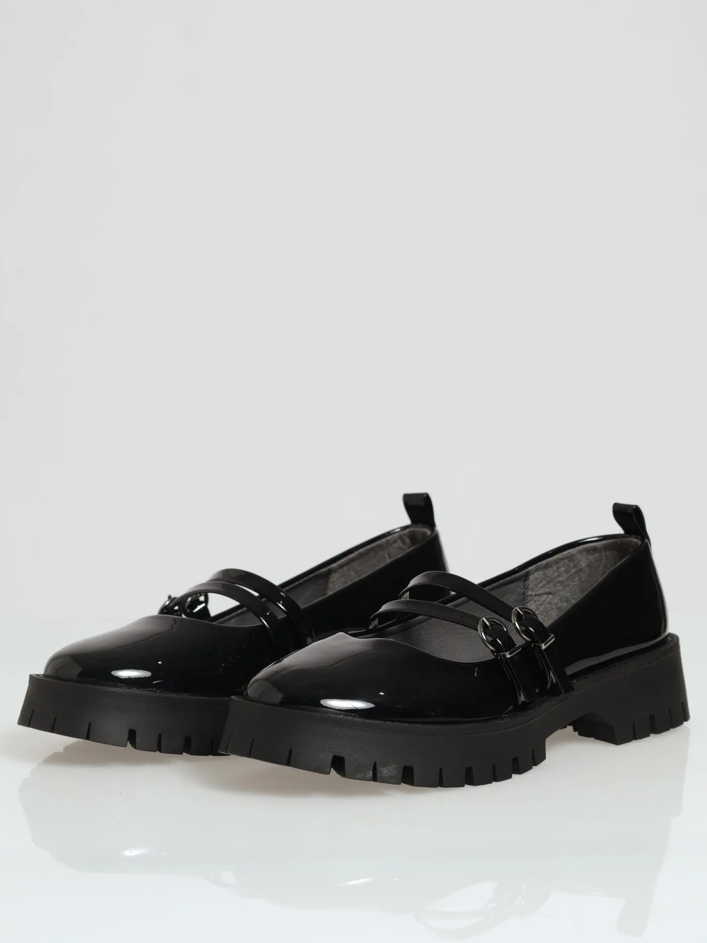 Chunky Double Strap Patent Mary Jane Loafer - Black