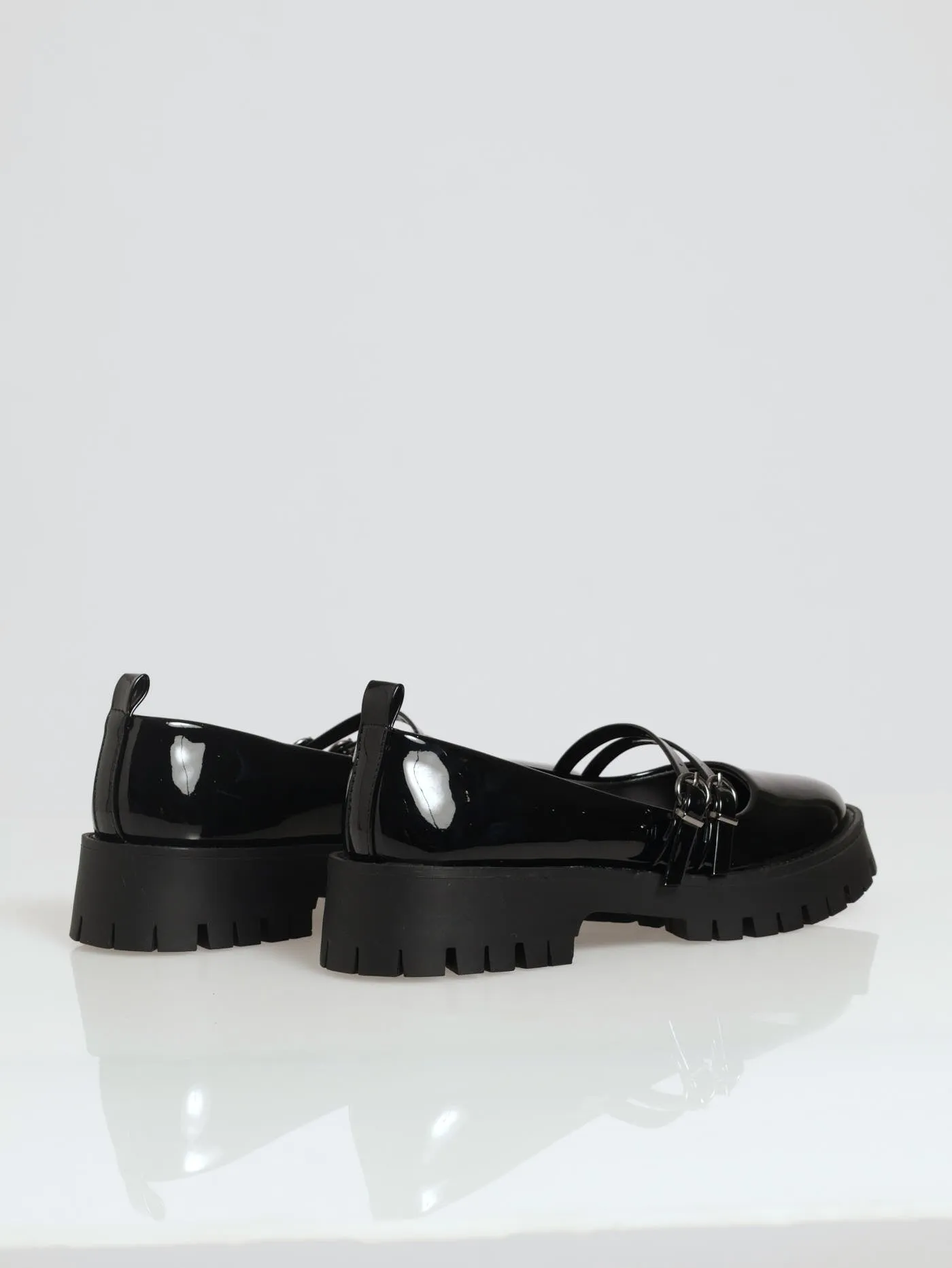 Chunky Double Strap Patent Mary Jane Loafer - Black