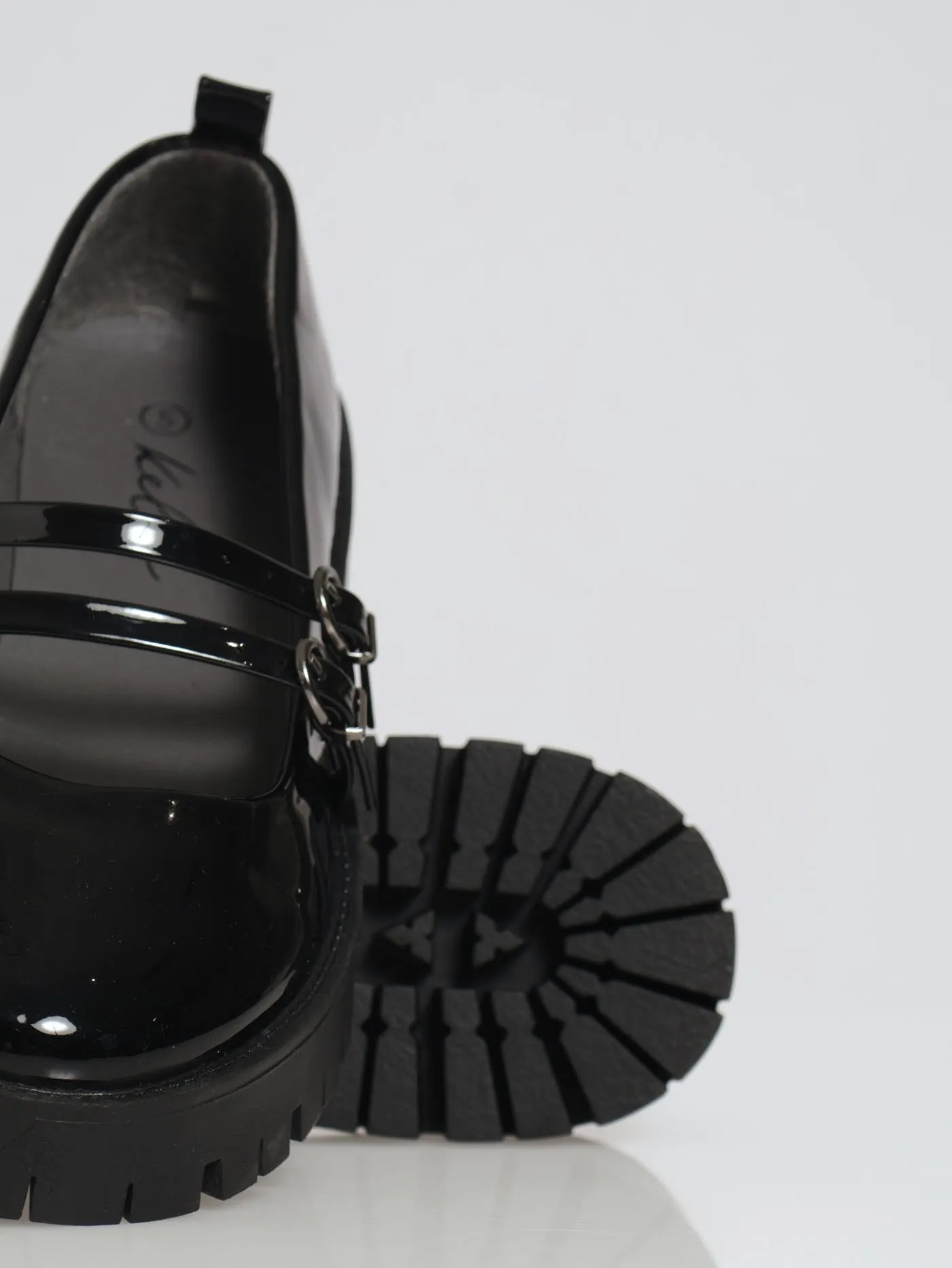 Chunky Double Strap Patent Mary Jane Loafer - Black
