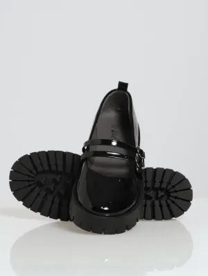 Chunky Double Strap Patent Mary Jane Loafer - Black