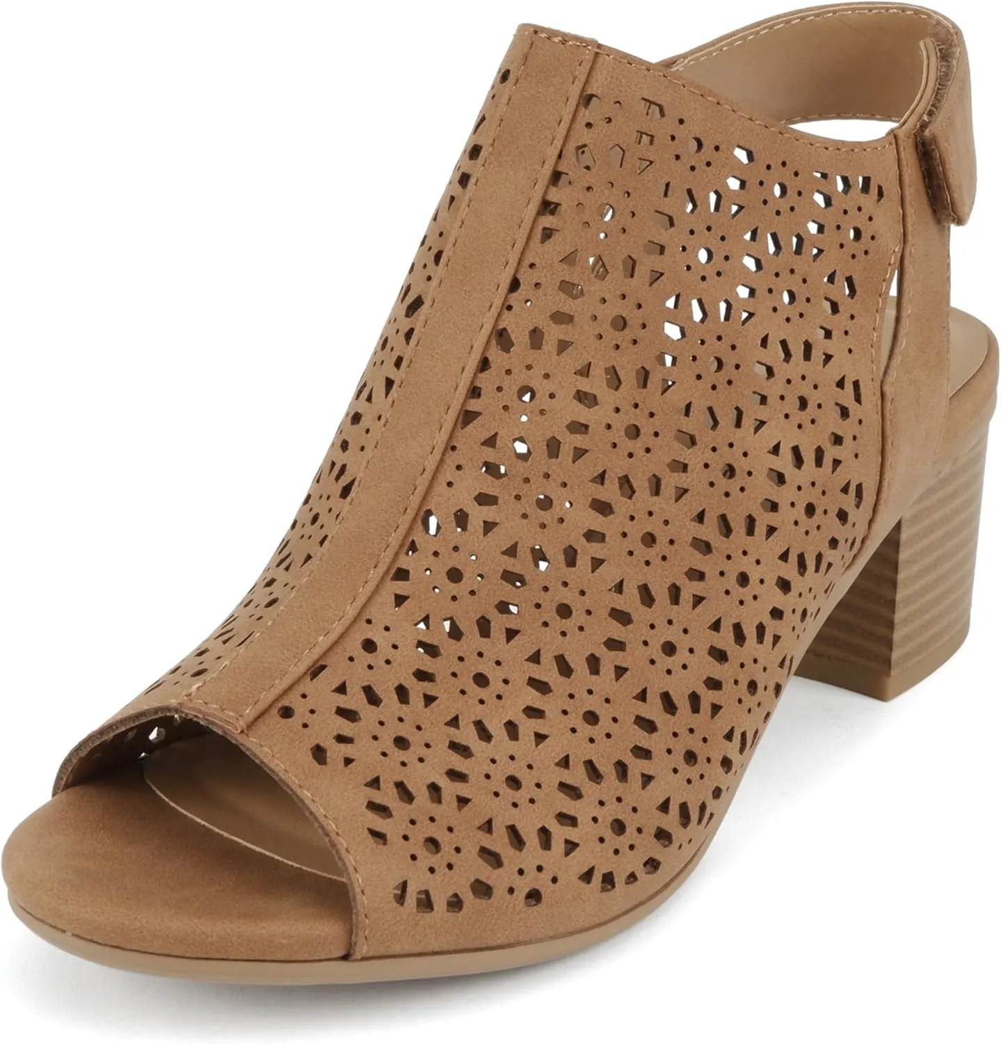 CITYCLASSIFIED “Elect” ~ Women’s Peep Toe Laser Cut Geometric Caged Slingback Ankle Strap Low Stacked Heel Ankle Bootie