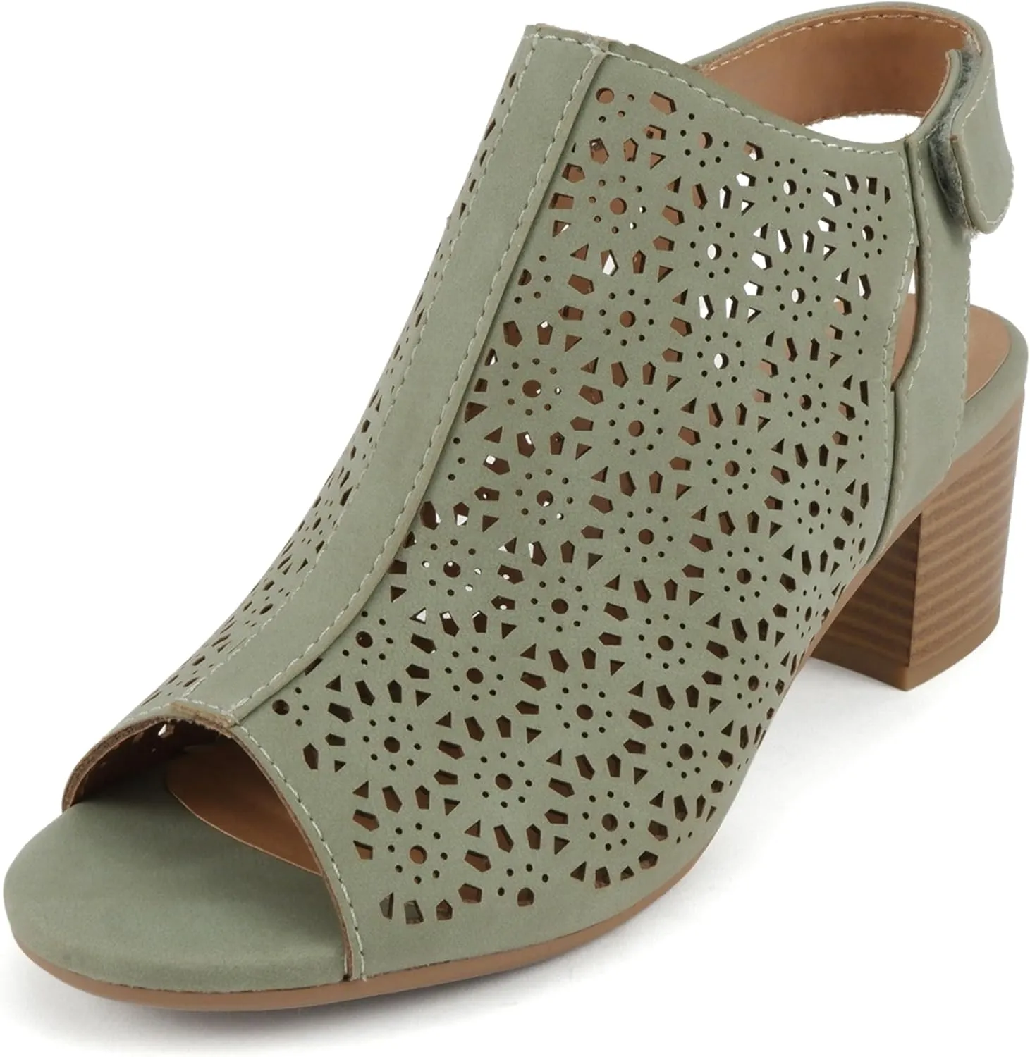 CITYCLASSIFIED “Elect” ~ Women’s Peep Toe Laser Cut Geometric Caged Slingback Ankle Strap Low Stacked Heel Ankle Bootie