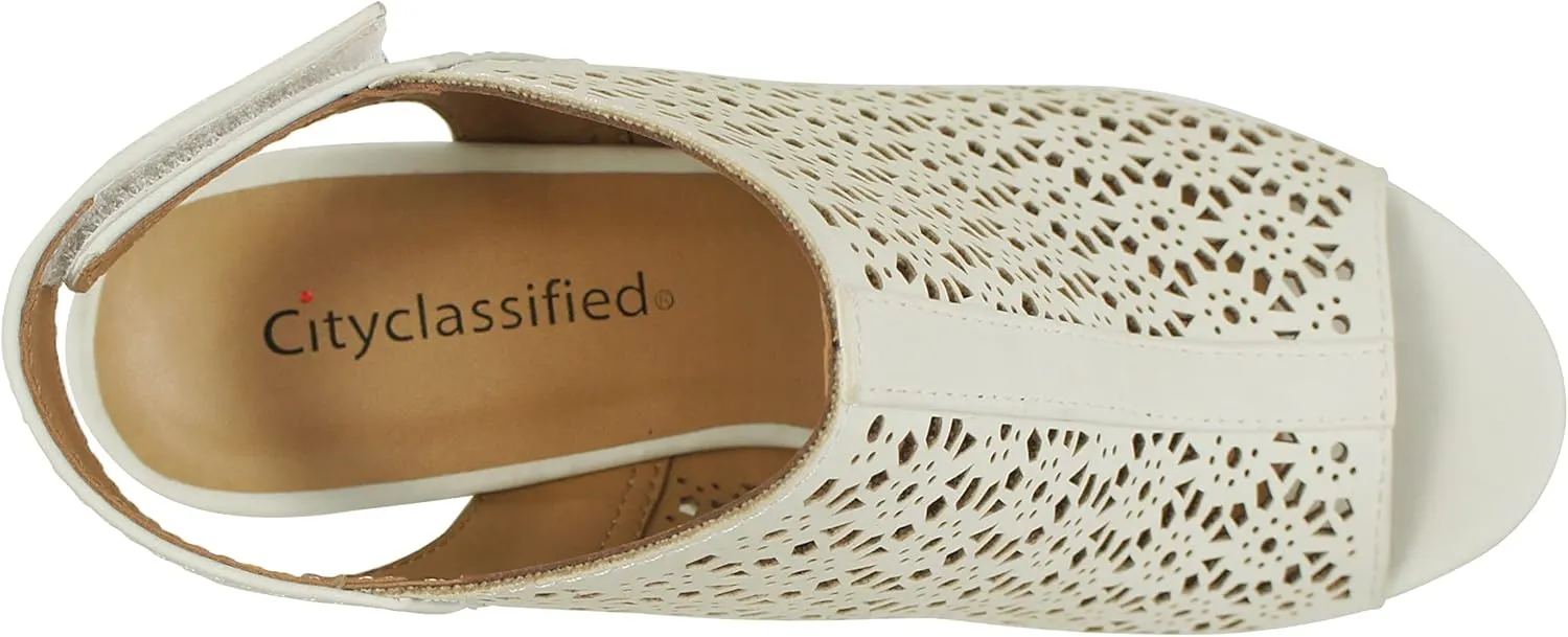 CITYCLASSIFIED “Elect” ~ Women’s Peep Toe Laser Cut Geometric Caged Slingback Ankle Strap Low Stacked Heel Ankle Bootie