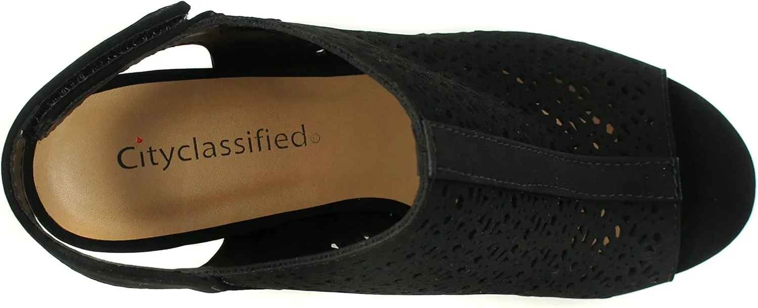 CITYCLASSIFIED “Elect” ~ Women’s Peep Toe Laser Cut Geometric Caged Slingback Ankle Strap Low Stacked Heel Ankle Bootie