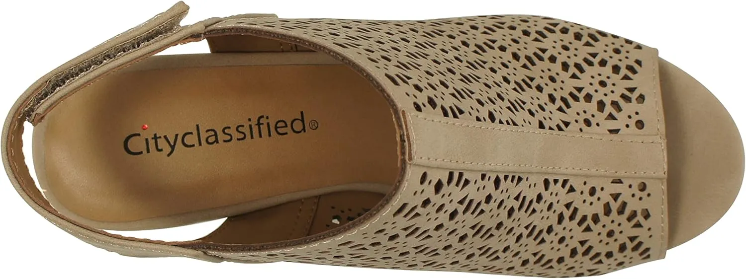 CITYCLASSIFIED “Elect” ~ Women’s Peep Toe Laser Cut Geometric Caged Slingback Ankle Strap Low Stacked Heel Ankle Bootie