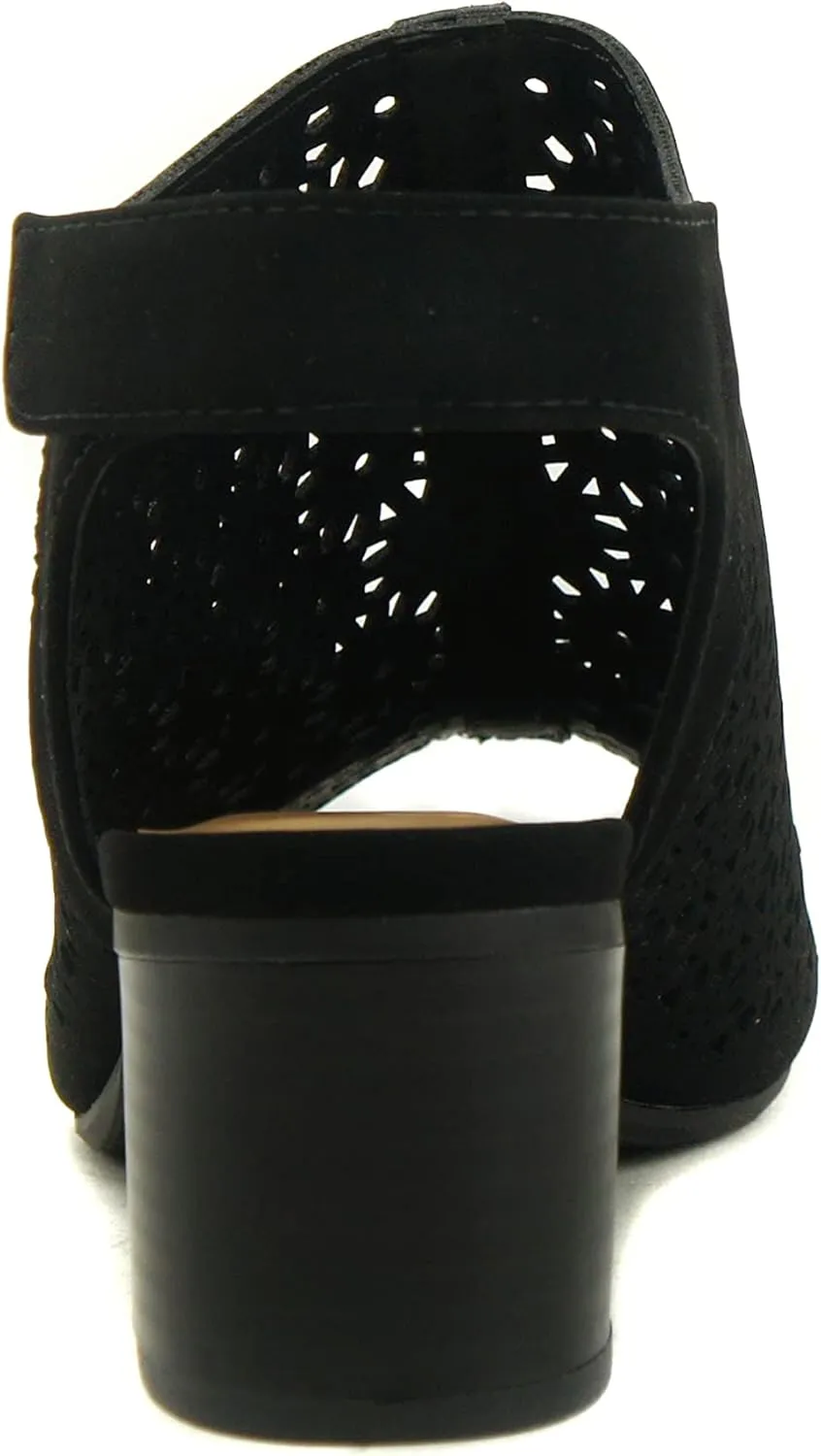 CITYCLASSIFIED “Elect” ~ Women’s Peep Toe Laser Cut Geometric Caged Slingback Ankle Strap Low Stacked Heel Ankle Bootie
