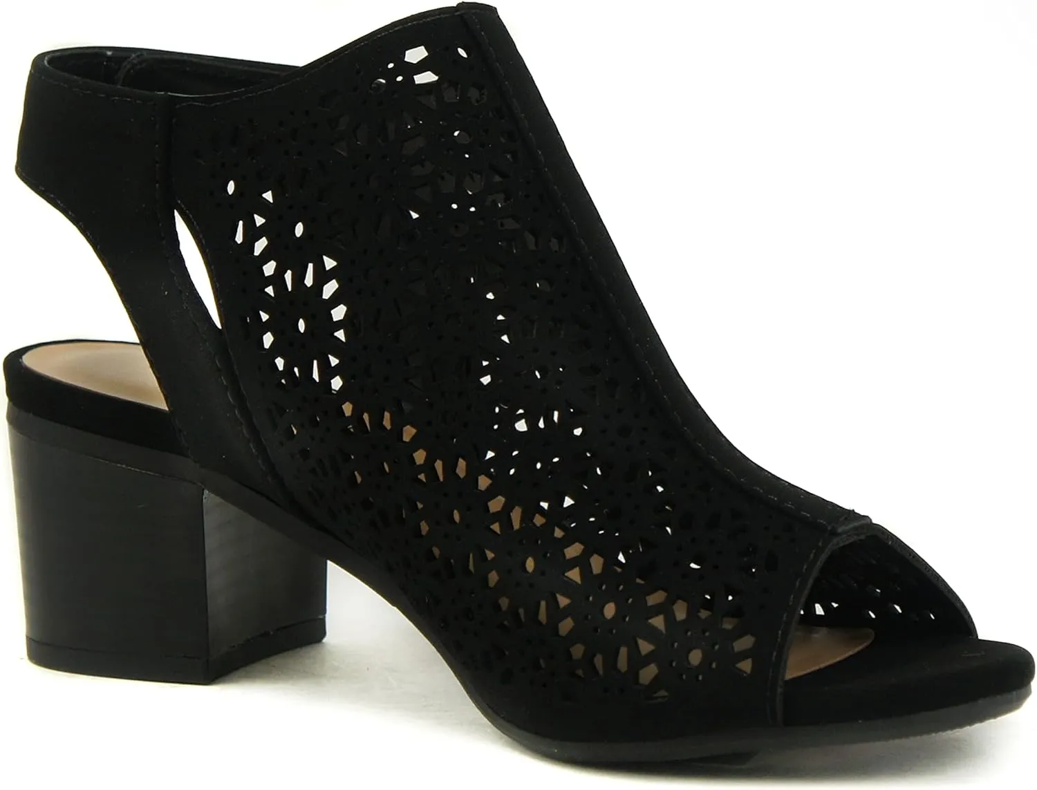 CITYCLASSIFIED “Elect” ~ Women’s Peep Toe Laser Cut Geometric Caged Slingback Ankle Strap Low Stacked Heel Ankle Bootie