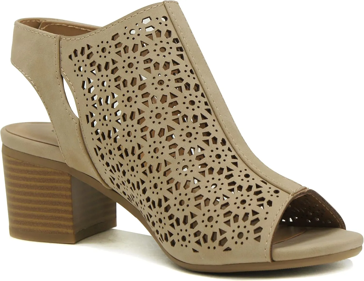 CITYCLASSIFIED “Elect” ~ Women’s Peep Toe Laser Cut Geometric Caged Slingback Ankle Strap Low Stacked Heel Ankle Bootie
