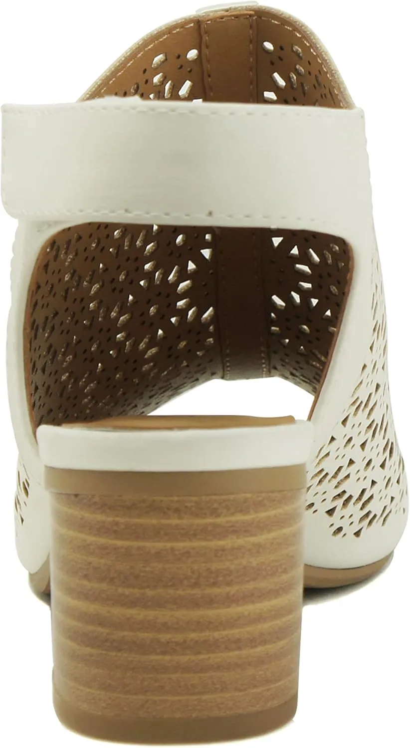 CITYCLASSIFIED “Elect” ~ Women’s Peep Toe Laser Cut Geometric Caged Slingback Ankle Strap Low Stacked Heel Ankle Bootie