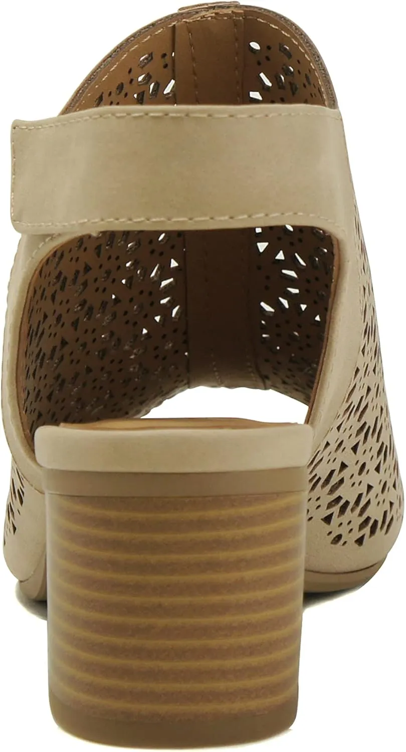 CITYCLASSIFIED “Elect” ~ Women’s Peep Toe Laser Cut Geometric Caged Slingback Ankle Strap Low Stacked Heel Ankle Bootie