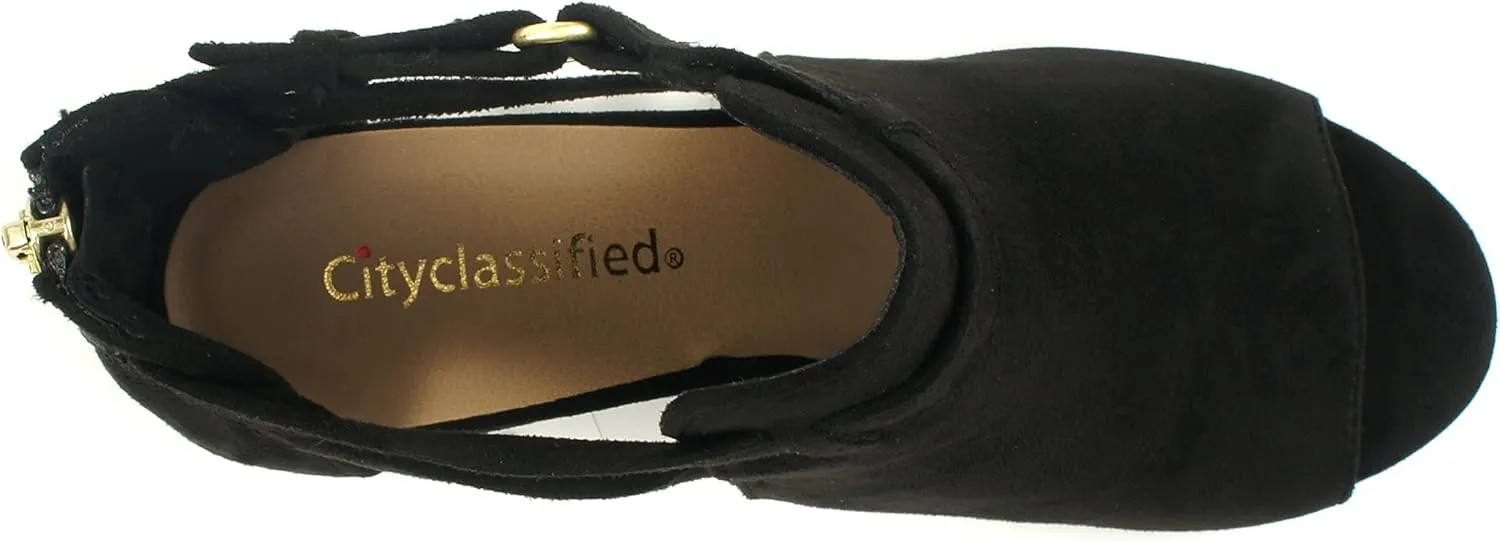 CITYCLASSIFIED Invest ~ Women's Cutout Side Strap Mid Black Chunky Heel Fashion Ankle Bootie