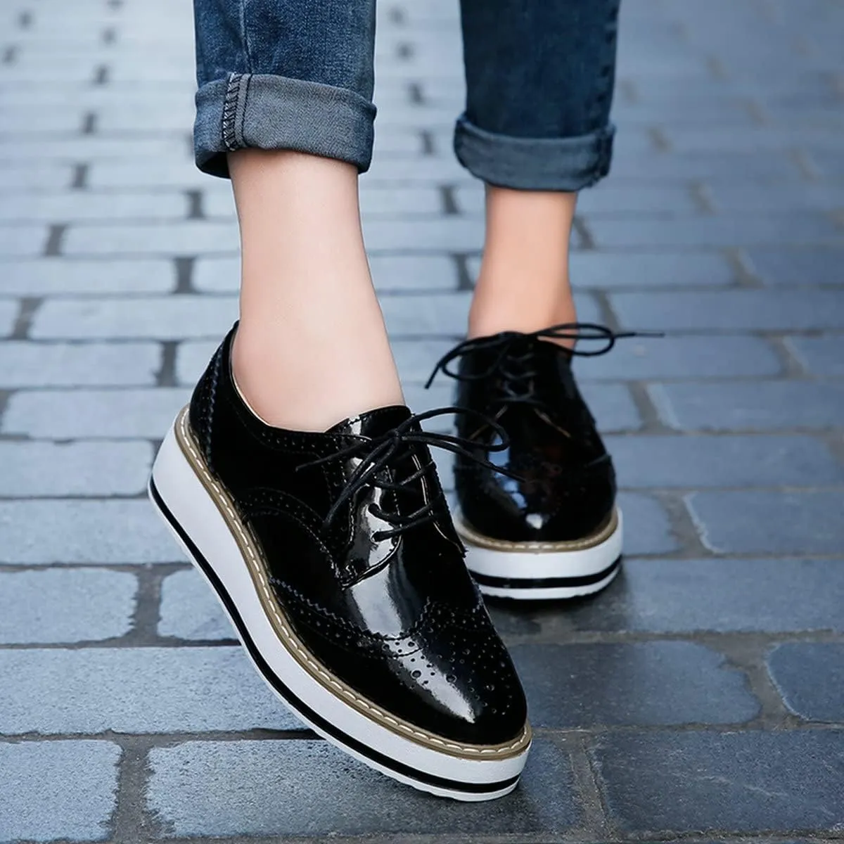 ClassicSter Women's Platform Lace Up Patent Leather Wingtips Round Toe Casual Oxford Shoes Brogues
