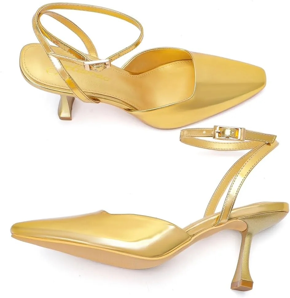 Closed Toe Heels for Women Sexy Square Toe Ankle Strap Mid Stiletto Pumps Comfortable Dress Bridal Wedding Kitten Shoes