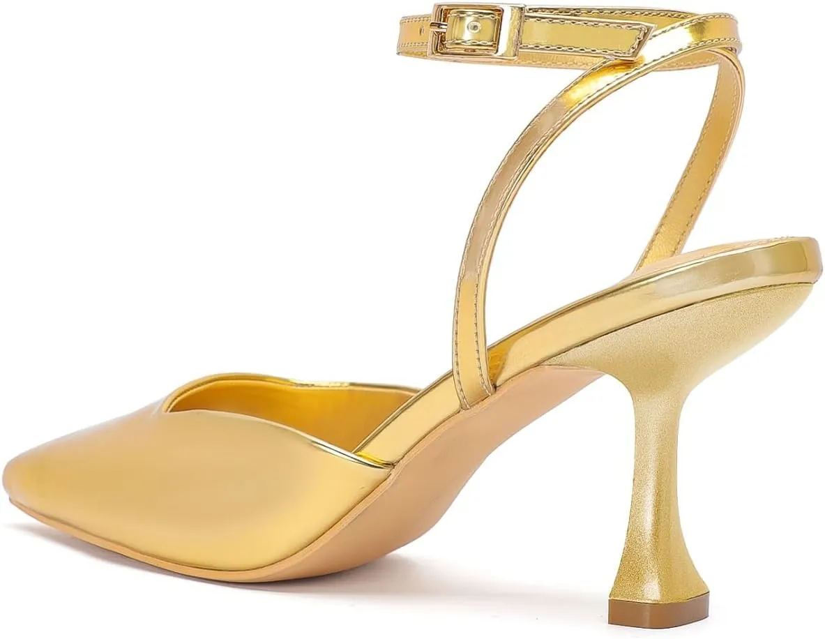 Closed Toe Heels for Women Sexy Square Toe Ankle Strap Mid Stiletto Pumps Comfortable Dress Bridal Wedding Kitten Shoes