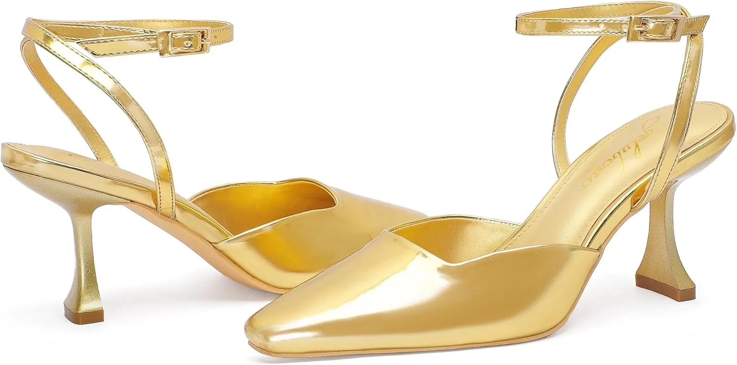 Closed Toe Heels for Women Sexy Square Toe Ankle Strap Mid Stiletto Pumps Comfortable Dress Bridal Wedding Kitten Shoes