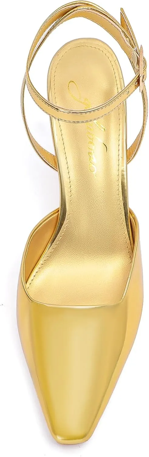 Closed Toe Heels for Women Sexy Square Toe Ankle Strap Mid Stiletto Pumps Comfortable Dress Bridal Wedding Kitten Shoes