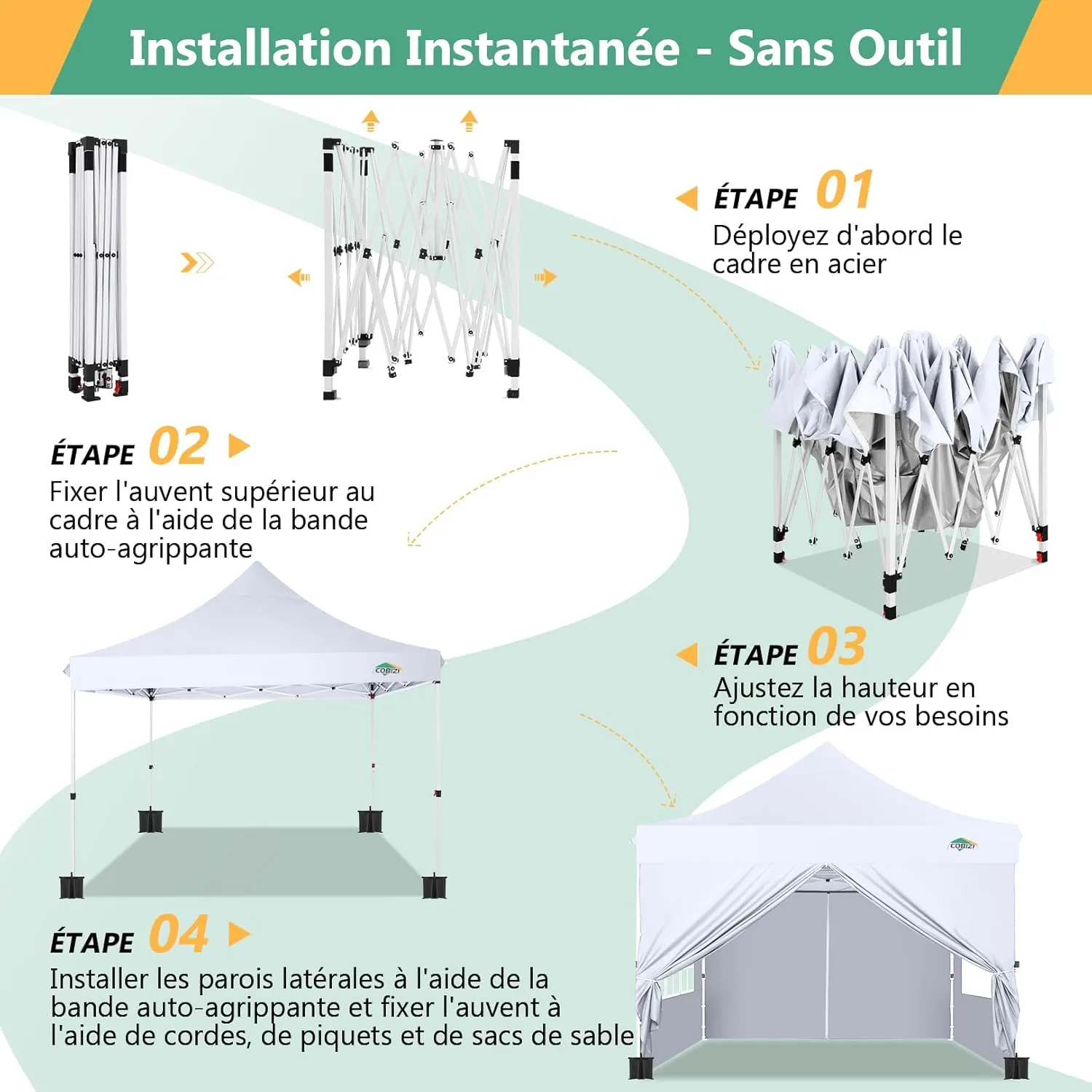 COBIZI 10x10 Pop Up Canopy with 4 Removable Sidewalls, Easy Set Up Canopy Tent, Waterproof Instant Party Tents for Weddings & Parties, UPF 50  UV Protection, 3-Height Adjustable Frame,White