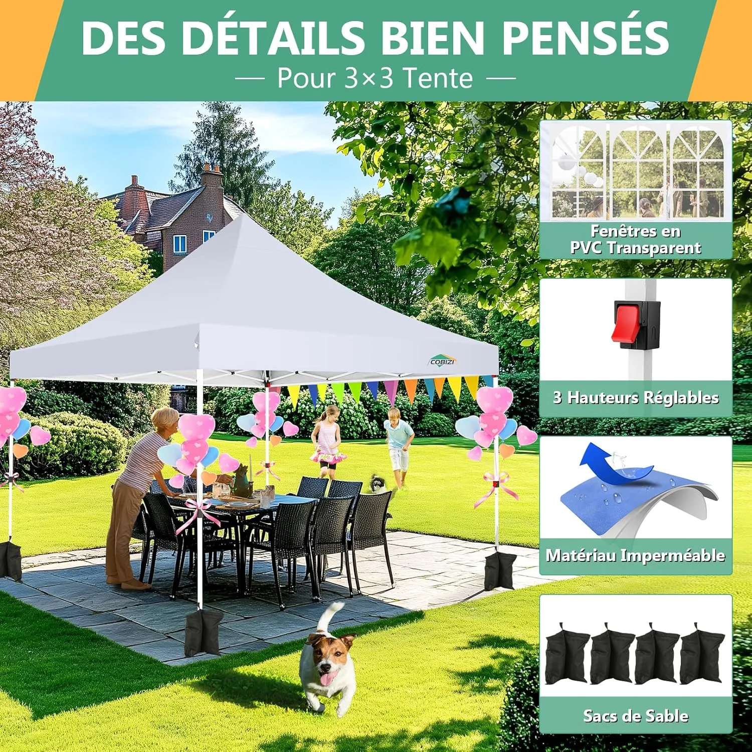 COBIZI 10x10 Pop Up Canopy with 4 Removable Sidewalls, Easy Set Up Canopy Tent, Waterproof Instant Party Tents for Weddings & Parties, UPF 50  UV Protection, 3-Height Adjustable Frame,White