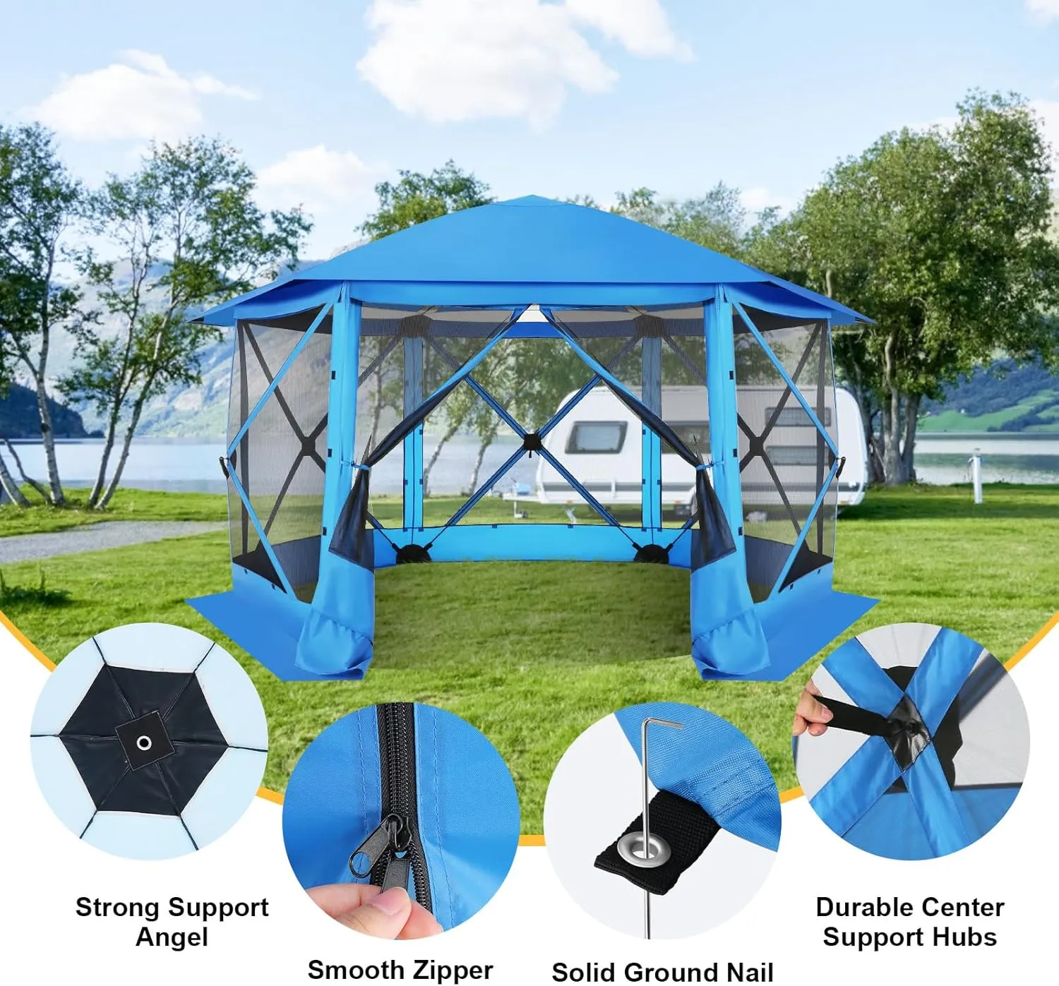 COBlZl Pop Up Gazebo 12x12 Screen House Tent for Camping, Outdoor Instant Stargazing Gazebo Canopy with Awning 2.0, Portable Hub Tent with Removable Sidewalls,Pavilion for Backyard,Blue