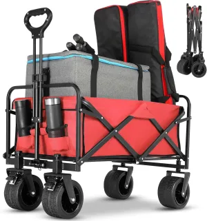 Collapsible Foldable Beach Wagon,Folding Wagon Cart with Big Wheels,Utility Grocery All Terrain Wagons carts Foldable with Brakes for Sand Camping Sports Outdoor(Rose Red).