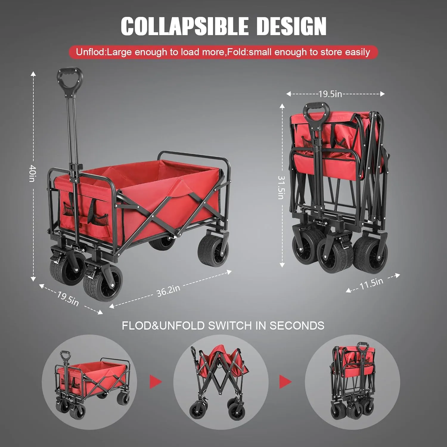 Collapsible Foldable Beach Wagon,Folding Wagon Cart with Big Wheels,Utility Grocery All Terrain Wagons carts Foldable with Brakes for Sand Camping Sports Outdoor(Rose Red).