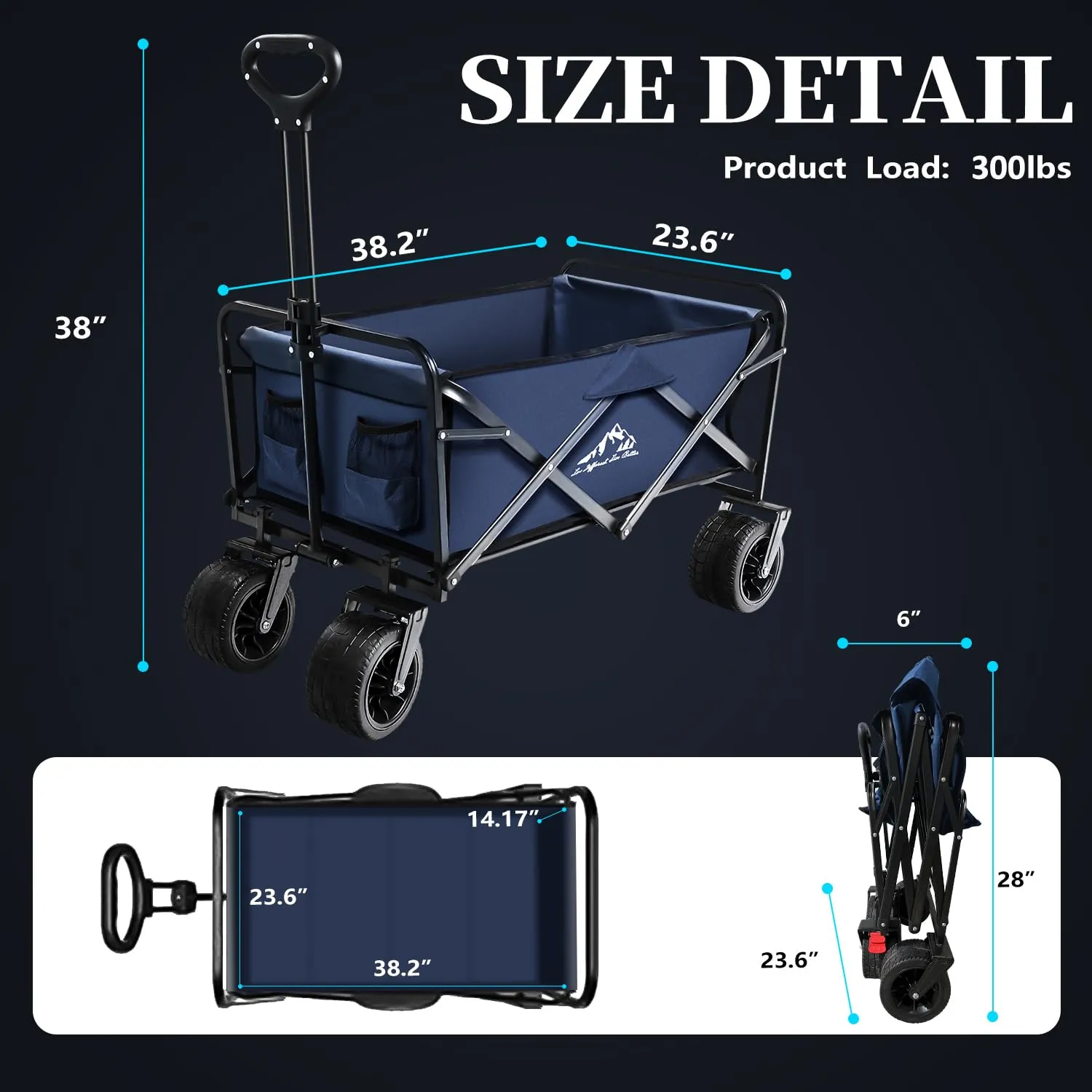 Collapsible Folding Wagon, Capacity 300lbs Heavy Duty Foldable Cart with Two Drink Holders, Portable Utility Grocery Wagon for Camping Shopping Sports, Blue
