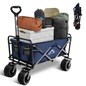 Collapsible Folding Wagon, Capacity 300lbs Heavy Duty Foldable Cart with Two Drink Holders, Portable Utility Grocery Wagon for Camping Shopping Sports, Blue