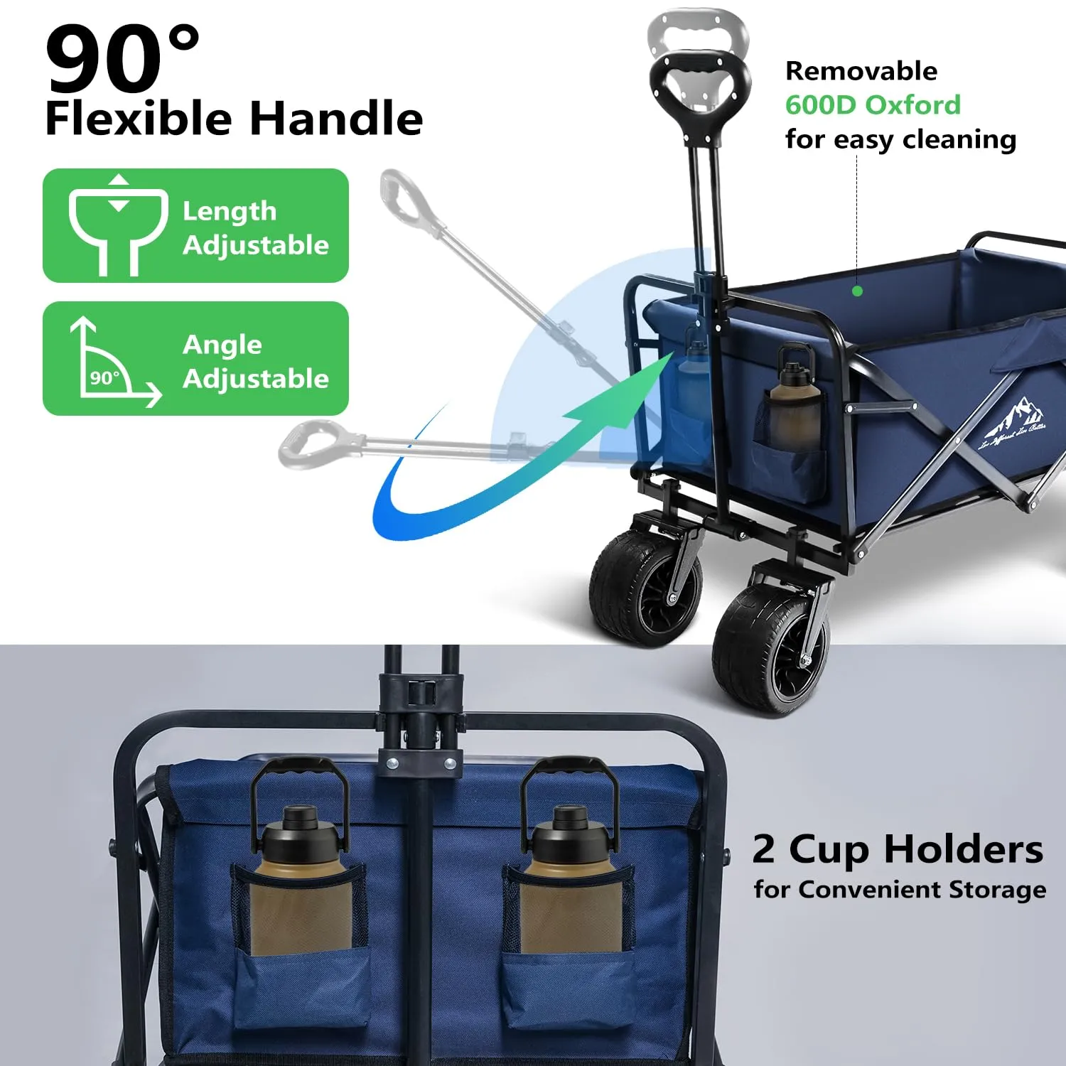 Collapsible Folding Wagon, Capacity 300lbs Heavy Duty Foldable Cart with Two Drink Holders, Portable Utility Grocery Wagon for Camping Shopping Sports, Blue