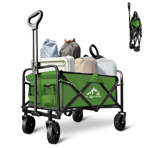 Collapsible Wagon Cart Foldable Portable Heavy Duty Folding Beach Wagons, Outdoor Utility Carts with Large Capacity for Grocery, Camping, Shopping, Fishing, Sports, Garden Green
