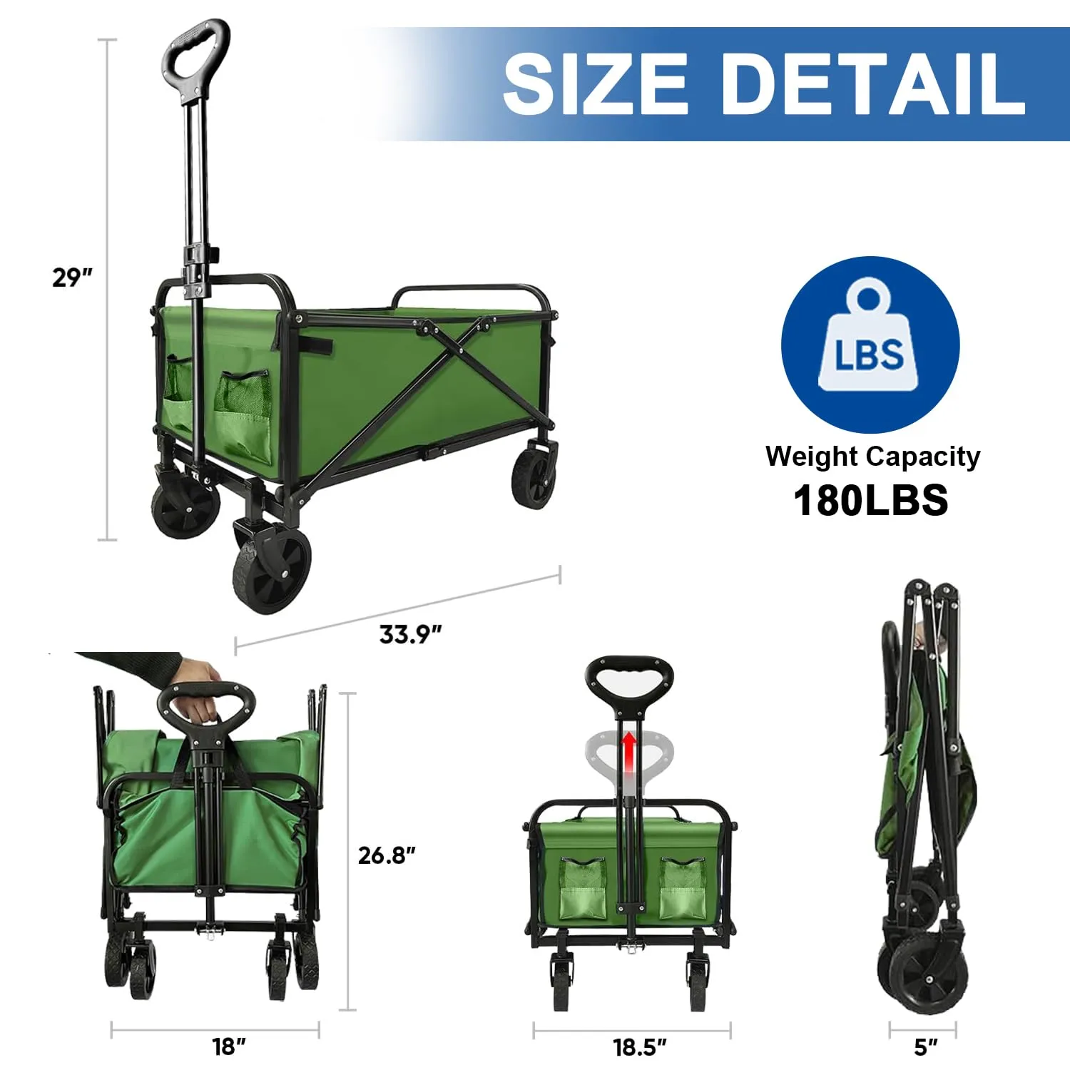 Collapsible Wagon Cart Foldable Portable Heavy Duty Folding Beach Wagons, Outdoor Utility Carts with Large Capacity for Grocery, Camping, Shopping, Fishing, Sports, Garden Green