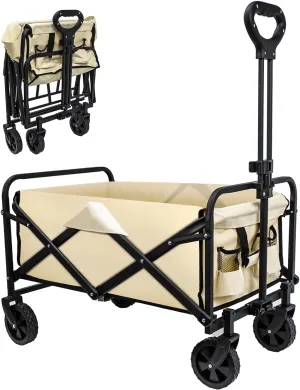 Collapsible Wagon Cart, Heavy Duty With Wheels, Utility Folding for Beach, Camping, Sports, Outdoor Activities (Khaki)