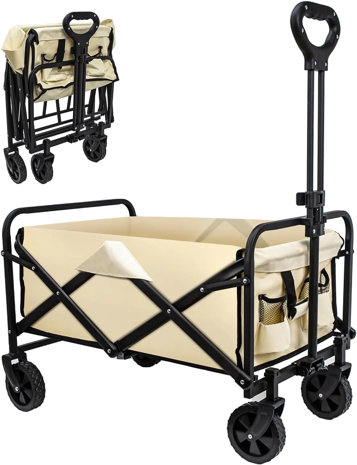 Collapsible Wagon Cart, Heavy Duty With Wheels, Utility Folding for Beach, Camping, Sports, Outdoor Activities (Khaki)